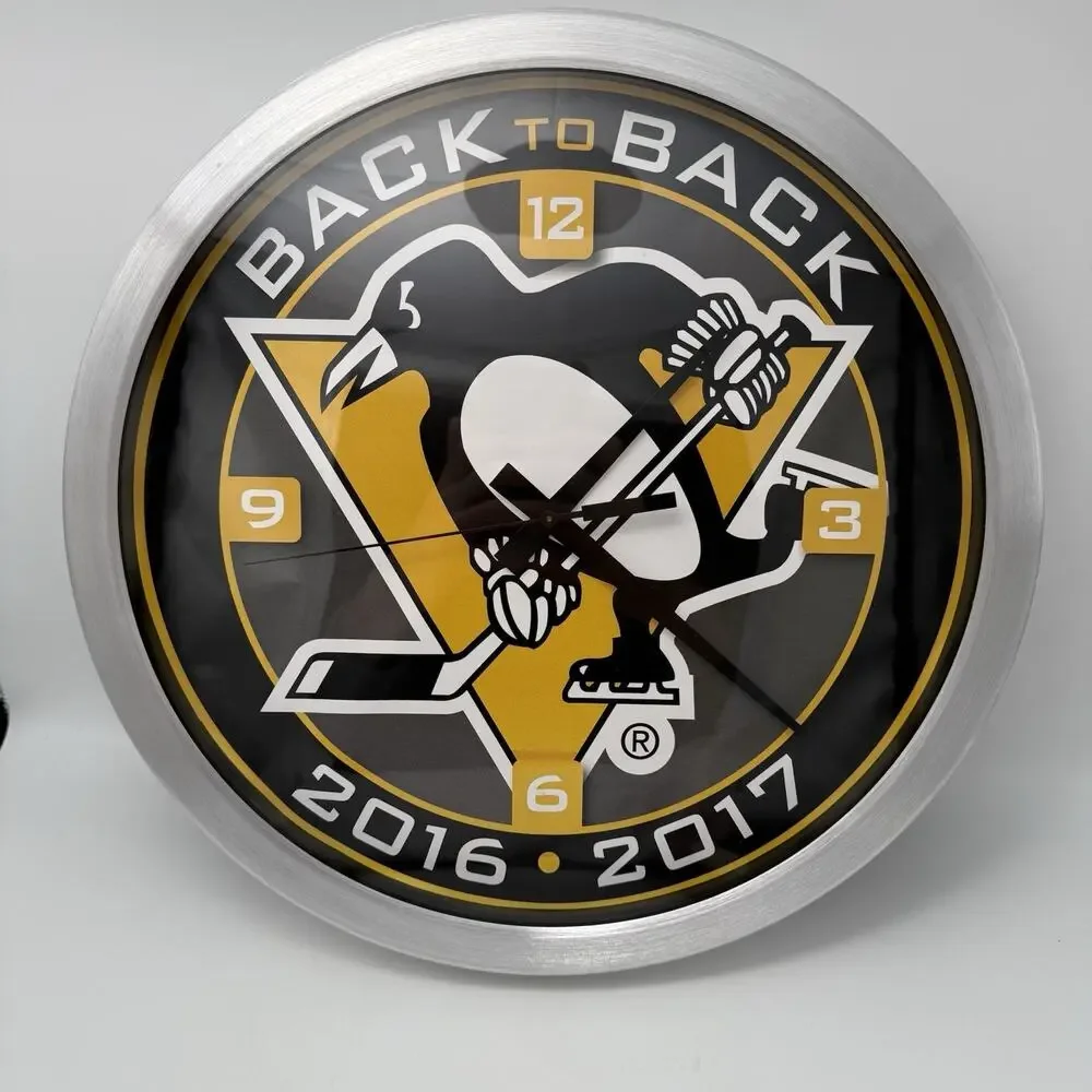 WinCraft Chrome 14” Clock NHL Pittsburgh Penguins Back To Back Champions
